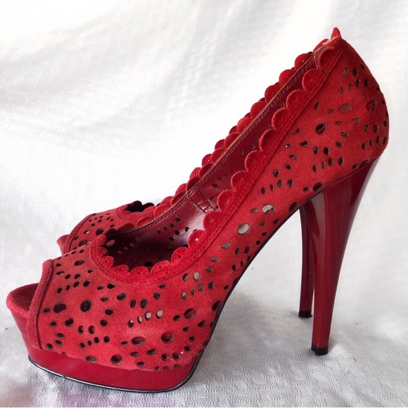 bebe Shoes - BEBE RED LEATHER CUT OUT PLATFORM SHOES HEELS SZ 8